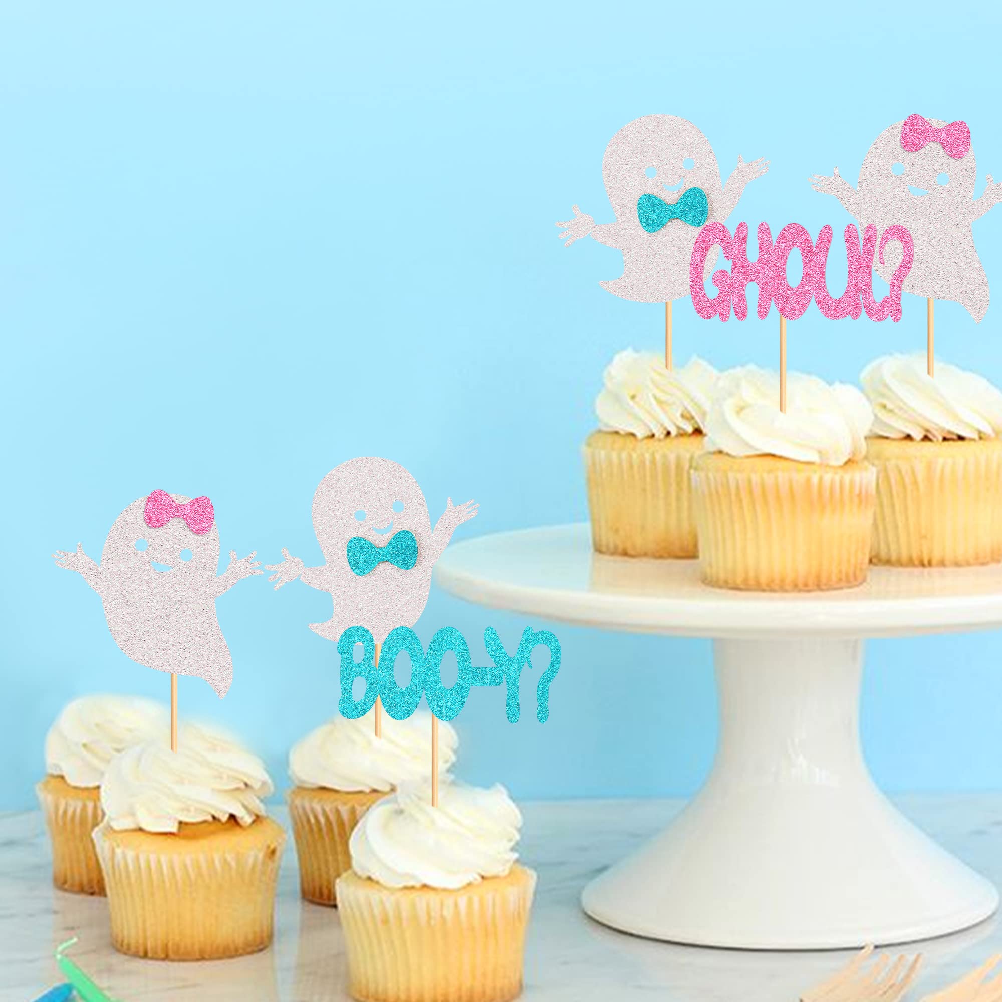 Ercadio 24 Pack Boo-y or Ghoul Cupcake Toppers Glitter Halloween Ghost Cupcake Picks Boy or Girl Cupcake Toppers Baby Shower Birthday Halloween Themed Gender Reveal Cake Decorations Supplies