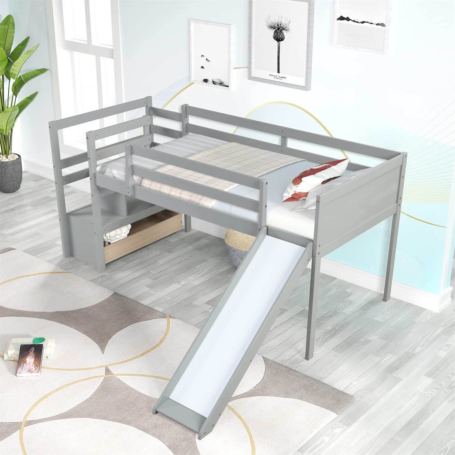 Low Loft Bed with Slide and Stairs Twin Loft Bed with Storage Wood Bed Frame for Kids Teens Girls Boys， Gray