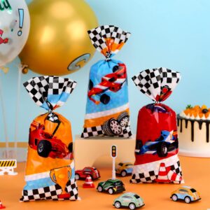 Spiareal 100 Pcs Race Car Party Treat Bags Cellophane Bags Race Car Gift Treat Bag Goodie Candy Bags with Ties Boys Race Car 1 Count (Pack of 100)