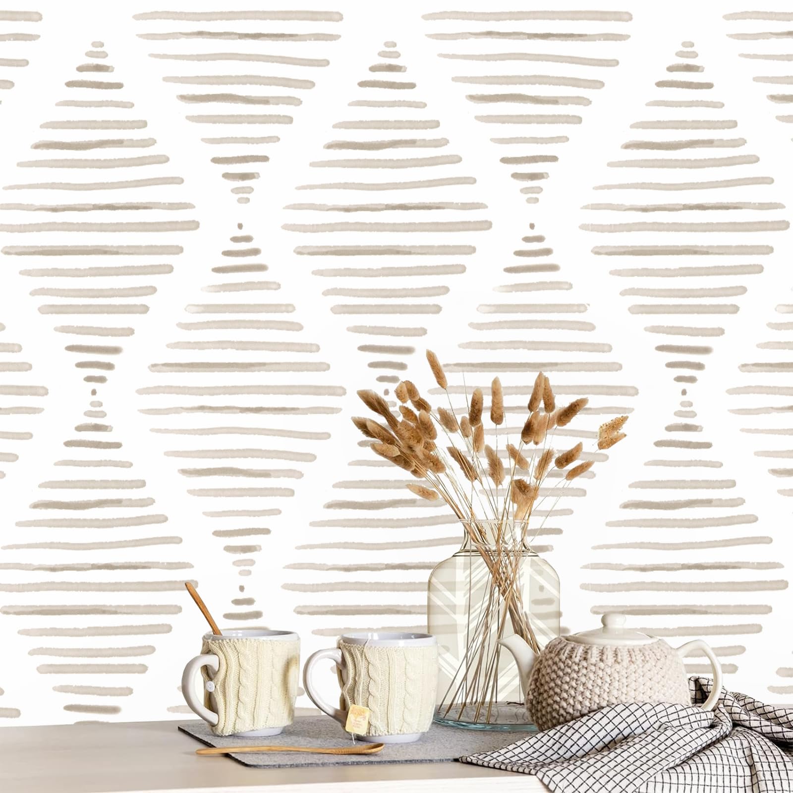 Modern Stripe Peel and Stick Wallpaper Beige and White Contact Paper17.7inch x 118.1inch Geometric Beige Contact Paper for Bathroom Removable Wallpaper Self Adhesive Wallpaper Cabinets Decor Vinyl