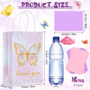 16 Set Butterfly Party Favors Gift Goodie Bags with Tissue Paper, Pink Purple Flowers Treat Candy Bags Small Floral Paper Bags with Handles for Kids Girl Butterfly Birthday Party (Glitter Style)