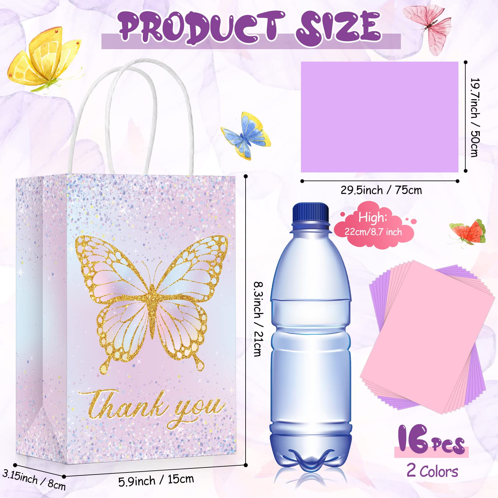 16 Set Butterfly Party Favors Gift Goodie Bags with Tissue Paper, Pink Purple Flowers Treat Candy Bags Small Floral Paper Bags with Handles for Kids Girl Butterfly Birthday Party (Glitter Style)