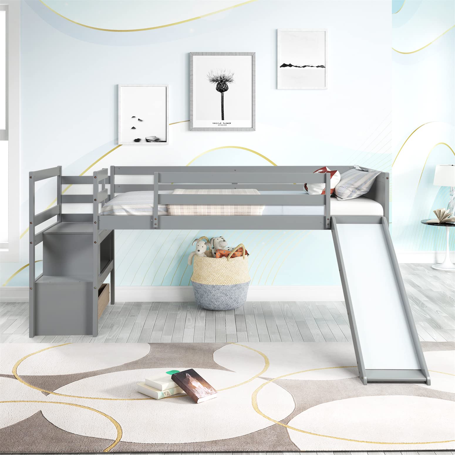 Low Loft Bed with Slide and Stairs Twin Loft Bed with Storage Wood Bed Frame for Kids Teens Girls Boys， Gray