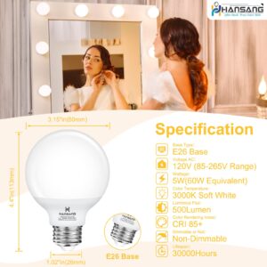 hansang 8 Pack G25 LED Bathroom Light Bulbs 3000K Warm White E26 Base, Vanity Globe Light Bulb 60W Equivalent, 5W Round Light Bulb for Vanity Mirror, 500LM, CRI 85+, Non-Dimmable