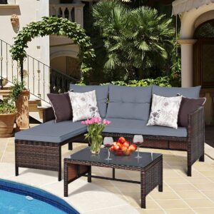 RELAX4LIFE 3-Piece Patio Furniture Set, Outdoor Wicker Sectional Sofa Set w/Washable Cushion, Tempered Glass Coffee Table, Rattan Conversation Set Outdoor Couch for Garden Backyard Deck (Grey)