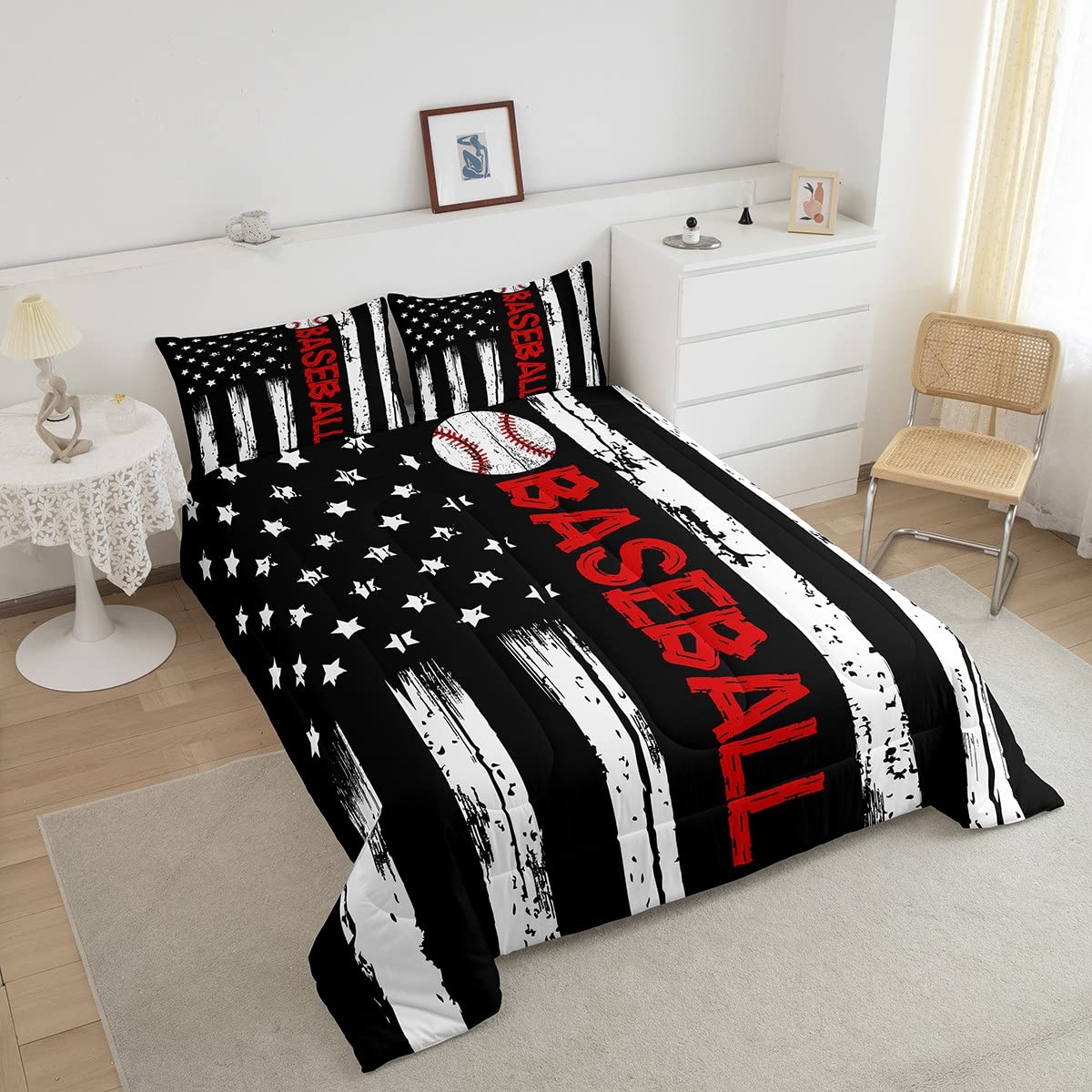 Erosebridal American Flag Comforter Baseball Bedding Twin 2pcs Sports Games Down Comforter for Boys Girls Bedroom Black and White Striped Comforter Set Retro US Flag Decorations, Lightweight Soft