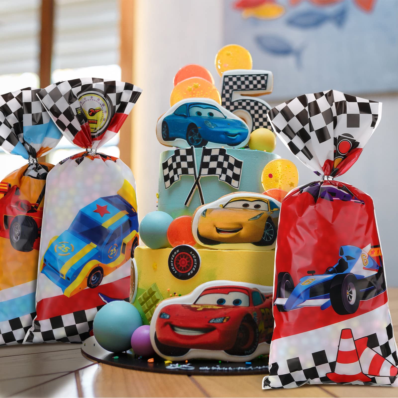 Spiareal 100 Pcs Race Car Party Treat Bags Cellophane Bags Race Car Gift Treat Bag Goodie Candy Bags with Ties Boys Race Car 1 Count (Pack of 100)