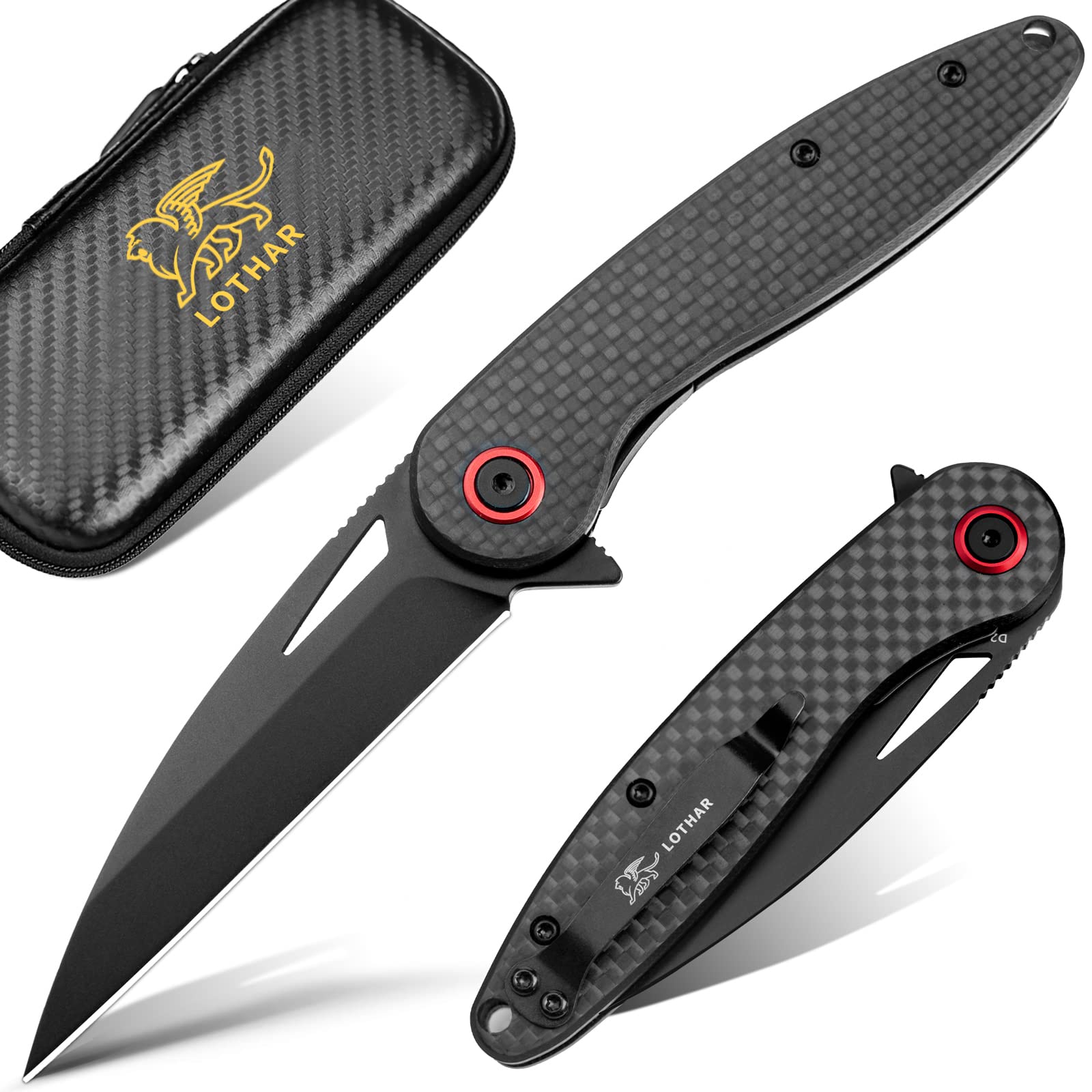 LOTHAR Seagull EDC Pocket Knife, Carbon Fiber Handle and 3" D2 Knife Blade, Ultra Light 2.2oz, Slim Pocket Knife, Small Folding Utility Knife Mini Box Cutter for Men Women, Flipper Knife with Pocket Clip