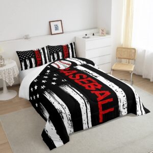 Erosebridal American Flag Comforter Baseball Bedding Twin 2pcs Sports Games Down Comforter for Boys Girls Bedroom Black and White Striped Comforter Set Retro US Flag Decorations, Lightweight Soft