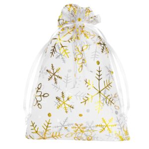 hongyitime 100 pcs 4x6 inch snowflake organza gift bags christmas, white mesh jewelry pouches little drawstring candy bags