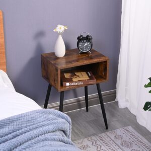 RokiaTek Nightstand Table with Open Storage Bedroom Bedside Table with Steel Legs, Mid-Century Modern Simpe End Side Table, Rustic Brown and Black