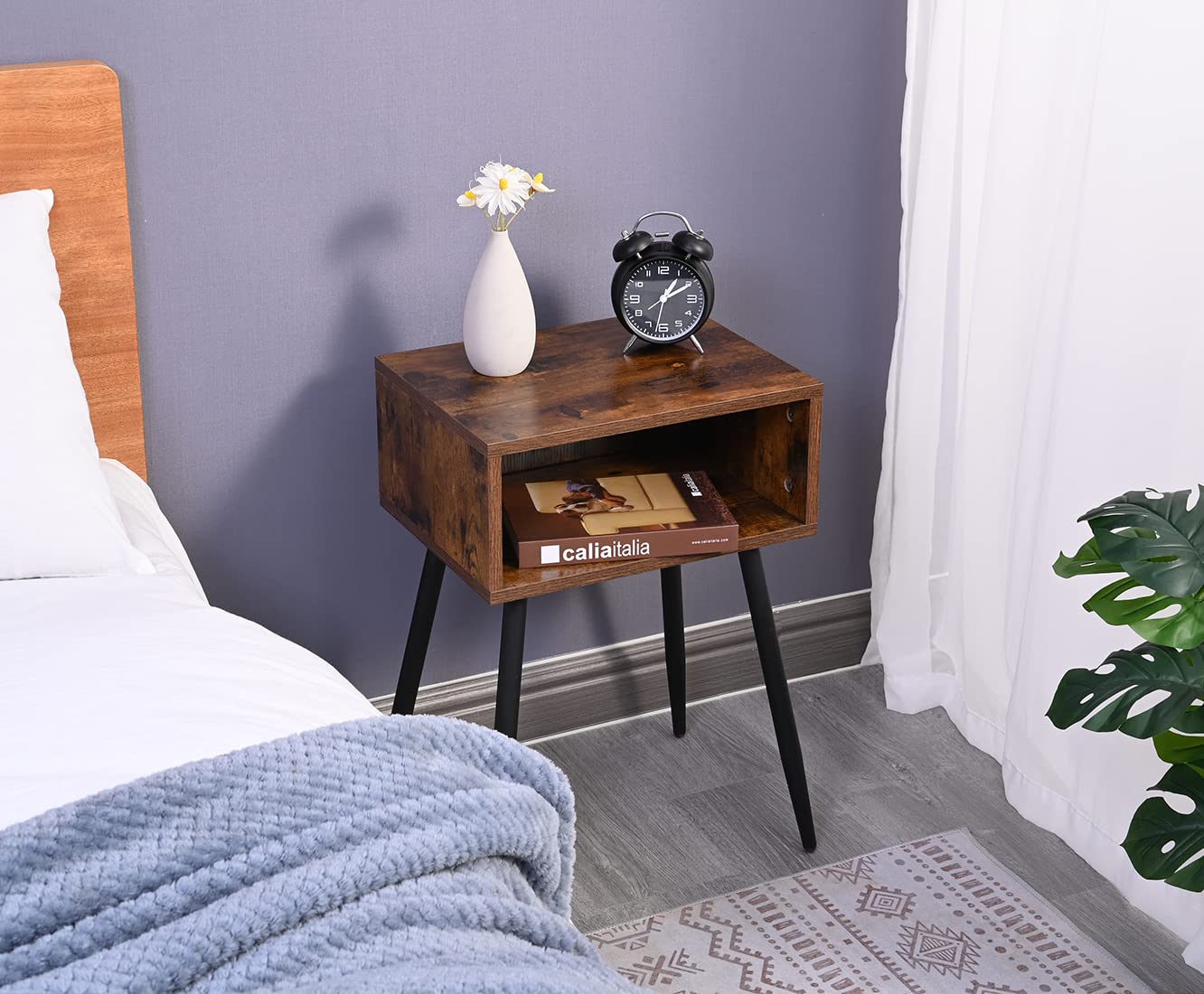 RokiaTek Nightstand Table with Open Storage Bedroom Bedside Table with Steel Legs, Mid-Century Modern Simpe End Side Table, Rustic Brown and Black