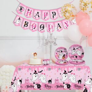 142Pcs Halloween Party Tableware Decorations Happy Boo Day Tableware Set Pink Halloween Ghost Party Supplies Halloween Birthday Tableware Plates Napkins Cups Banner for Kids …