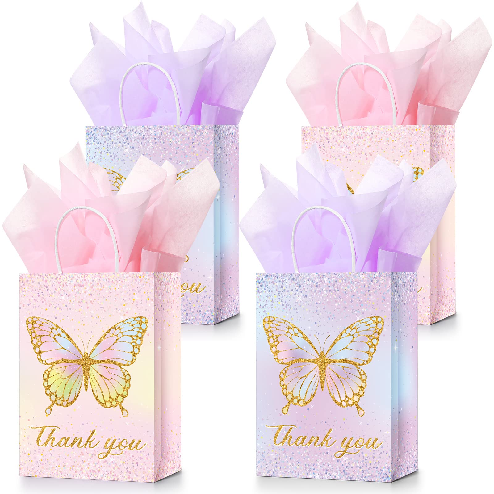 16 Set Butterfly Party Favors Gift Goodie Bags with Tissue Paper, Pink Purple Flowers Treat Candy Bags Small Floral Paper Bags with Handles for Kids Girl Butterfly Birthday Party (Glitter Style)