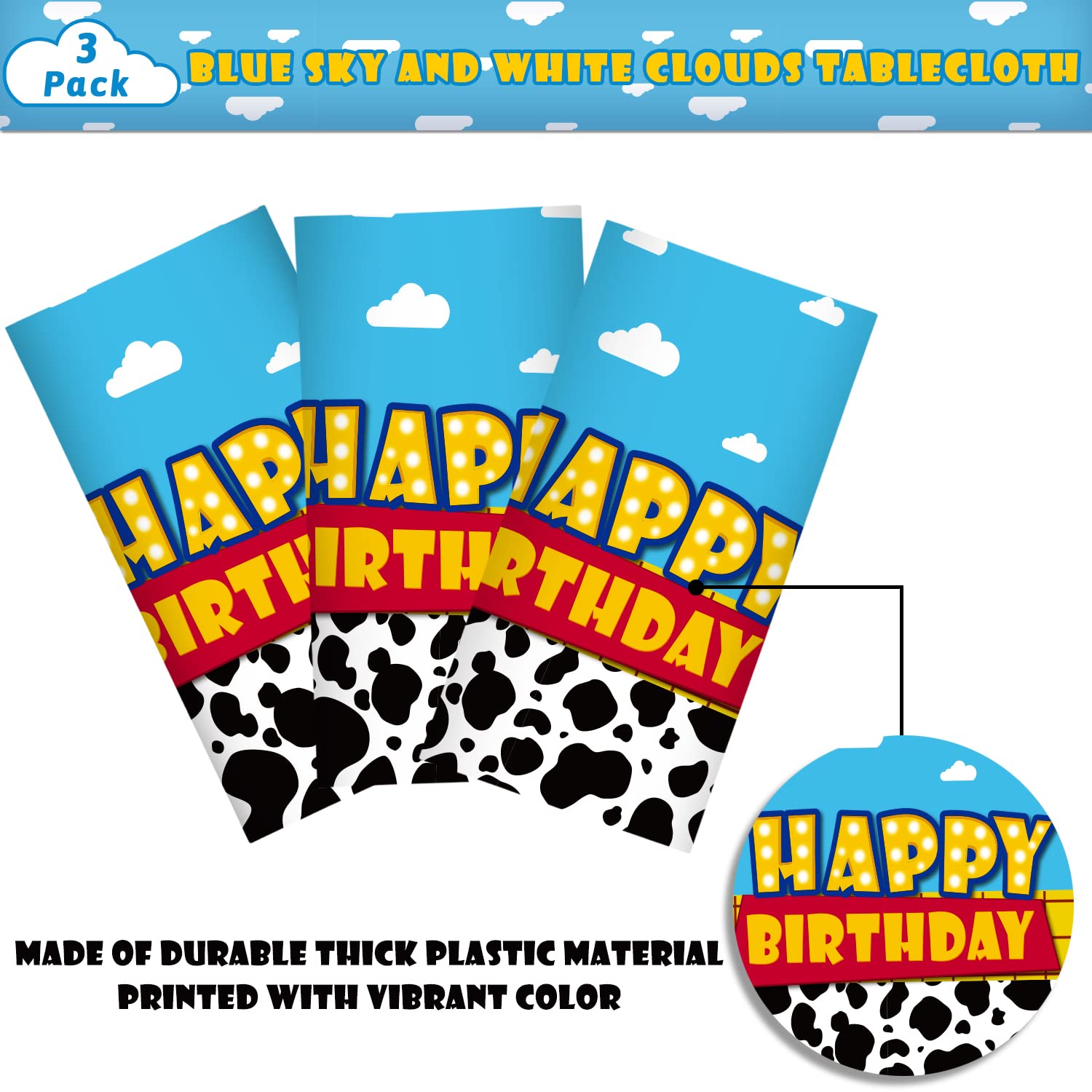 3 Pack Cartoon Story Birthday Party Supplies Cow Pattern Printed Table Cover Blue Sky and White Cloud Tablecloths Cow Birthday Party Decoration for Boy Girl Kid Birthday Party Decor 54 x 108 inch