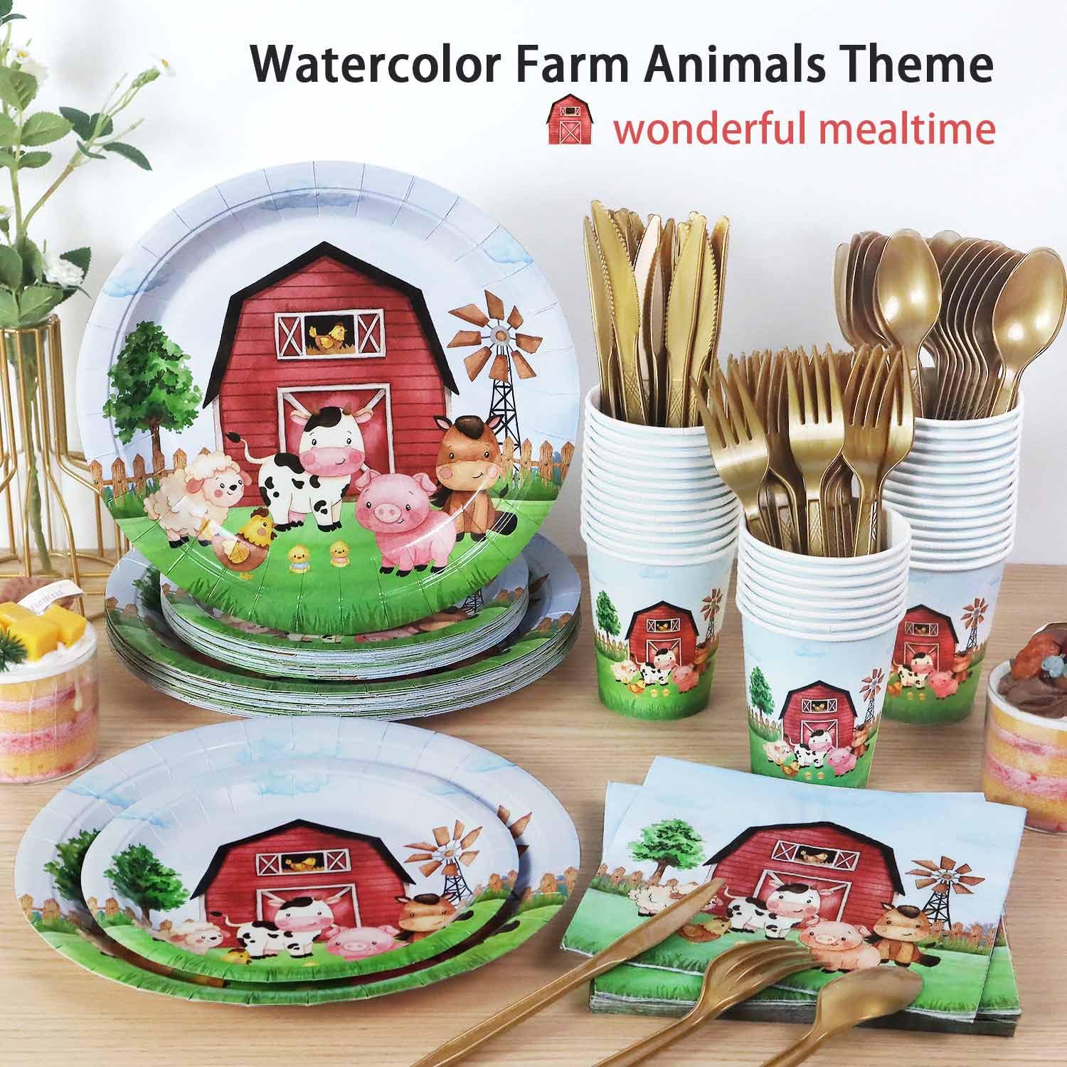 175 Pcs Watercolor Farm Birthday Decorations Plates Set 25 Guests, Barnyard Animals Baby Shower Paper Plates Napkins Cups Cutlery Set Party Supplies