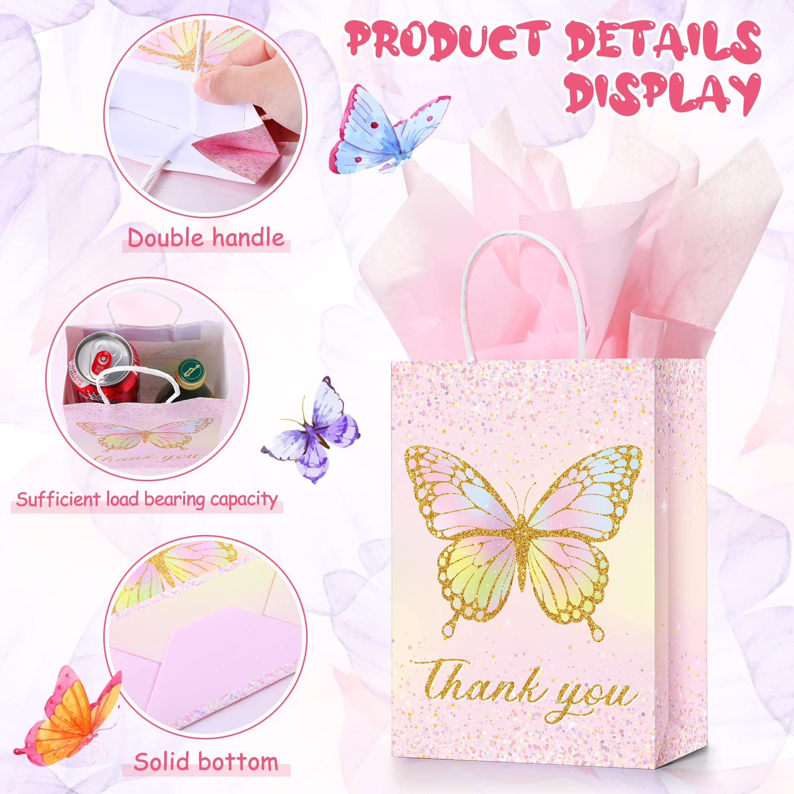 16 Set Butterfly Party Favors Gift Goodie Bags with Tissue Paper, Pink Purple Flowers Treat Candy Bags Small Floral Paper Bags with Handles for Kids Girl Butterfly Birthday Party (Glitter Style)