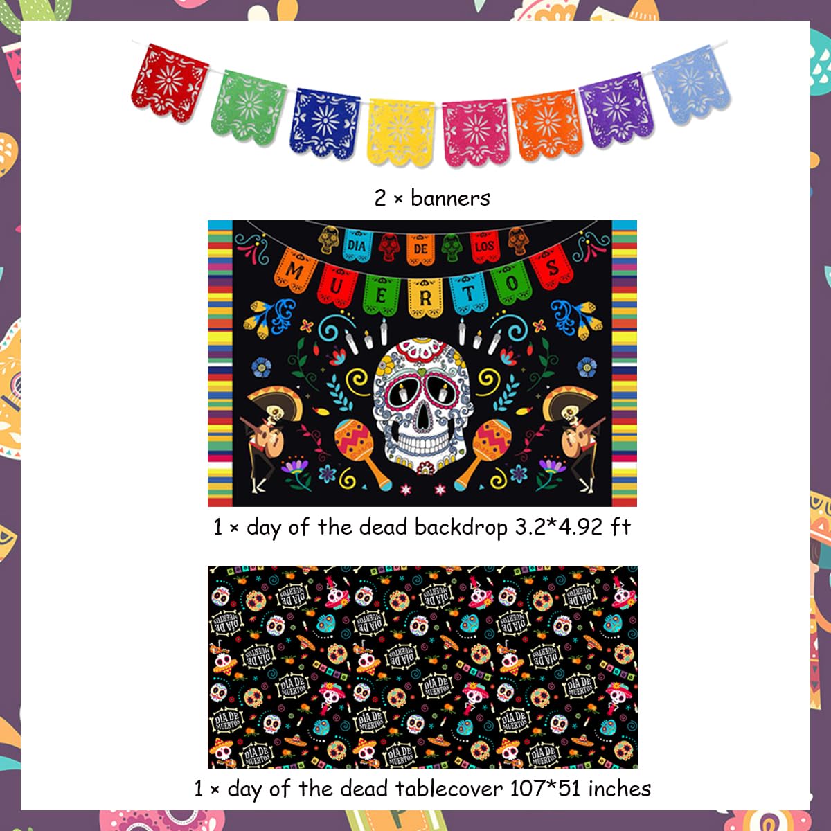 Day of the Dead Party Decorations, Mexican Fiesta Pennant Hanging Banner Sugar Skull Dia De Los Muertos Backdrop and Table cover for Day of the Dead Party Supplies