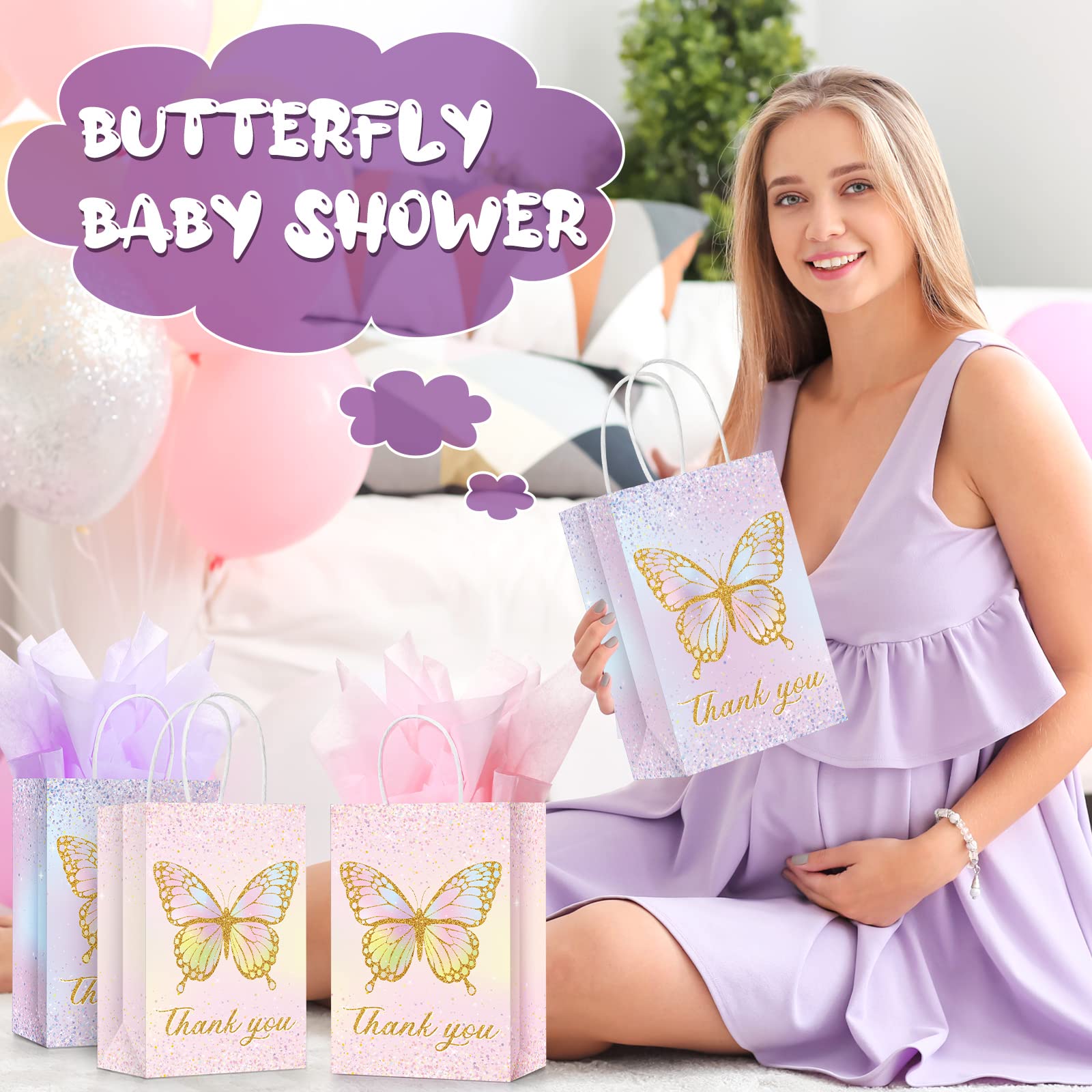 16 Set Butterfly Party Favors Gift Goodie Bags with Tissue Paper, Pink Purple Flowers Treat Candy Bags Small Floral Paper Bags with Handles for Kids Girl Butterfly Birthday Party (Glitter Style)