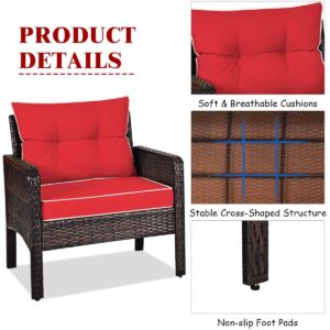 RELAX4LIFE 3-Piece Patio Furniture Set, PE Rattan Wicker Outdoor Conversation Set w/Glass Top Coffee Table & Thick Cushions for Deck Porch Balcony Garden, Bistro Table and Chairs Set of 2 (Red)