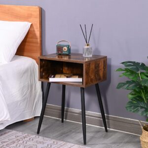 RokiaTek Nightstand Table with Open Storage Bedroom Bedside Table with Steel Legs, Mid-Century Modern Simpe End Side Table, Rustic Brown and Black