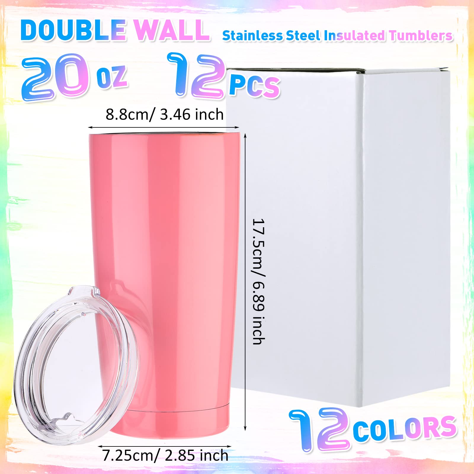 12 Pieces 20 oz Stainless Steel Tumbler Bulk with Lids, Powder Coated Travel Mug Tumblers Double Wall Vacuum Insulated Coffee Tumbler Cup for Hot Cold Water Drinks, 12 Colors