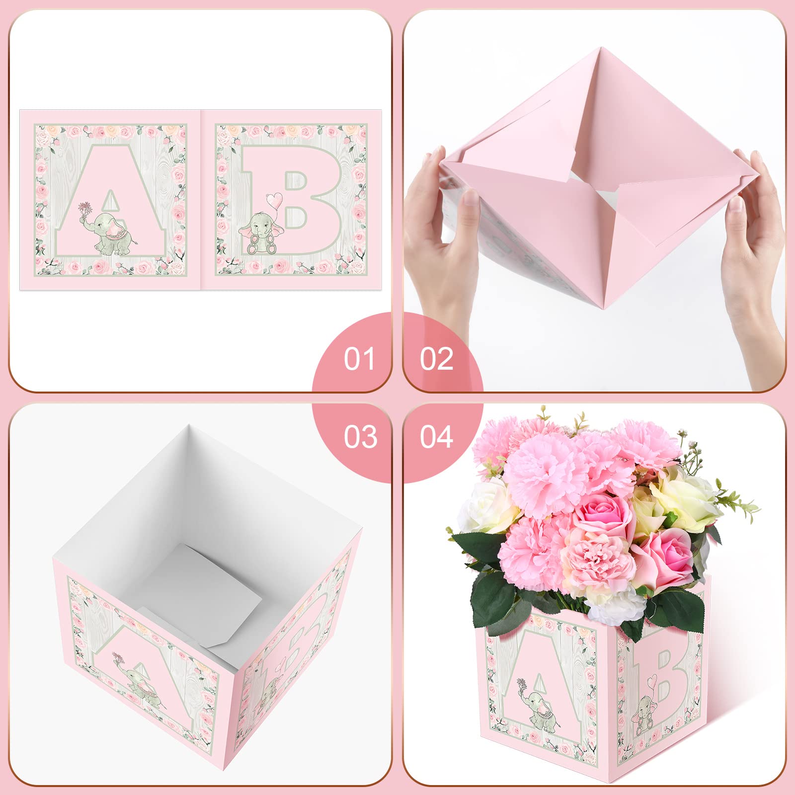 10 Pcs Baby Shower Flower Boxes Centerpieces Decorations Rustic Elephant Floral Baby Boxes with Letters Baby Shower Box Block for Tables Boy Girl Gender Reveal Birthday Party(Elephant Style)