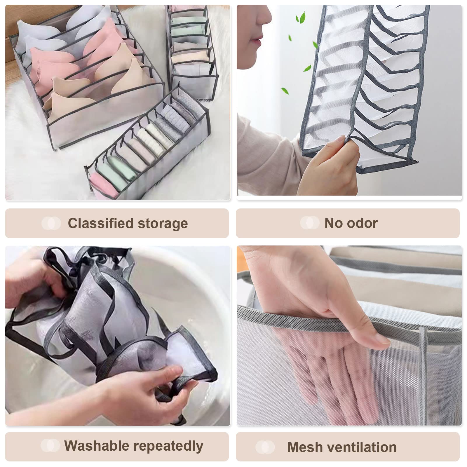 GWSNIO 6 Pcs Underwear Drawer Organizer, Foldable Underwear Storage Divider Boxes 6/7/11 Cell Closet Clothing Organizers for Bras Panties Ties Socks Scarves Clothes