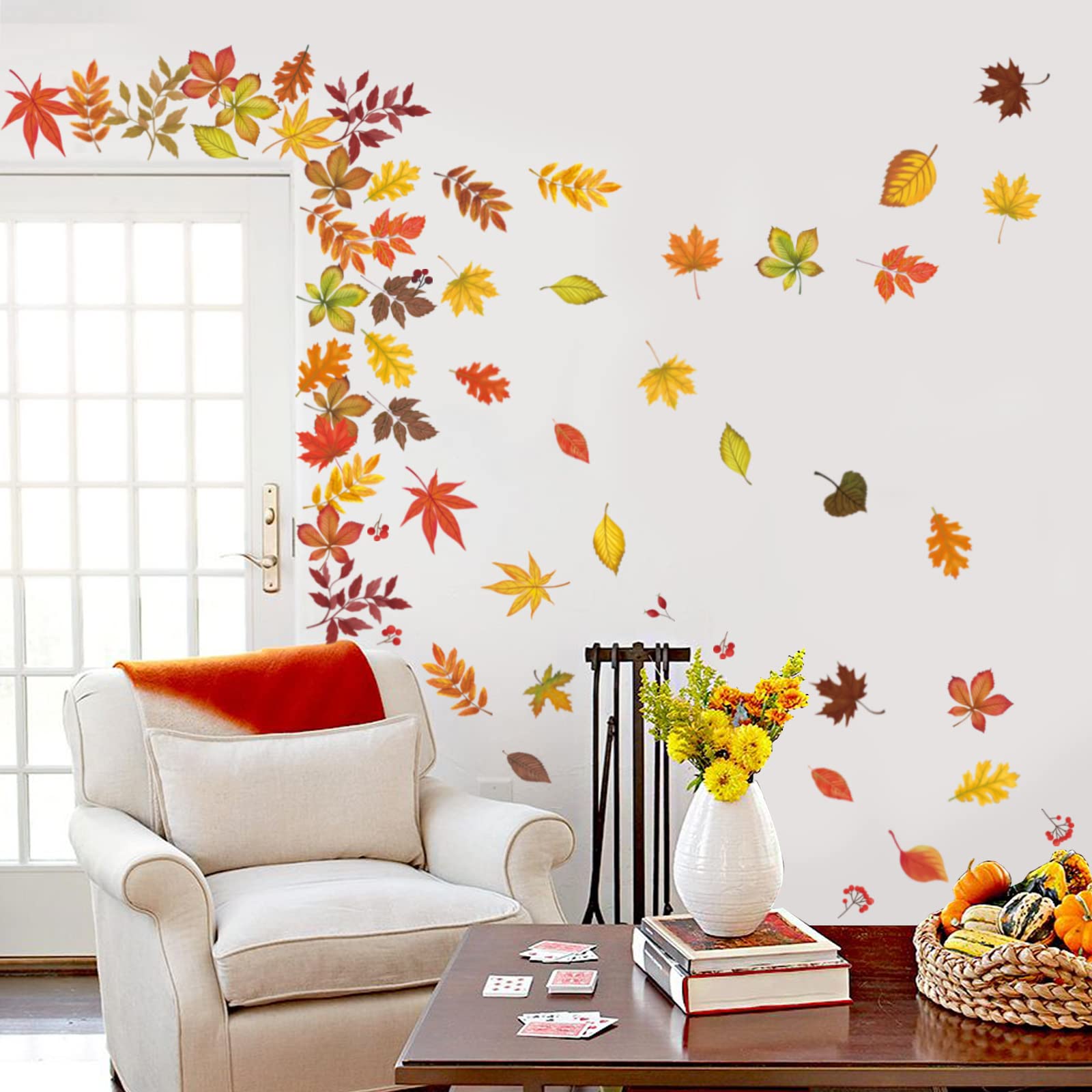 wondever Maple Leaves Thanksgiving Wall Stickers Autumn Fall Leaves Harvest Peel and Stick Wall Art Decals for Living Room Bedroom Kitchen