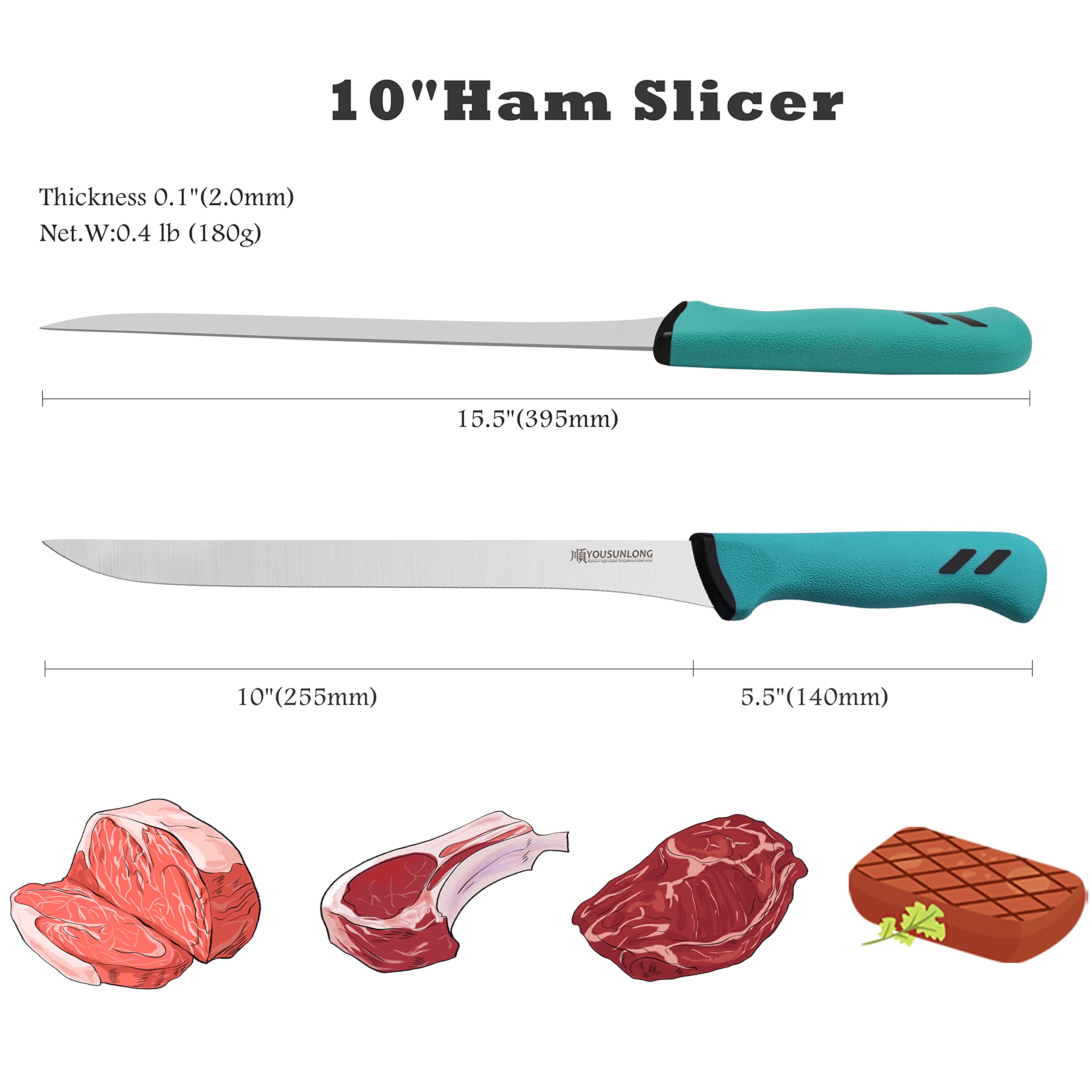 YOUSUNLONG Slicing Knife Ham Knife 10" (254mm) - Premium High-carbon molybdenum steel blade - Spanish Style Meat and Ham Slicer - Ergonomic & non-slip handle