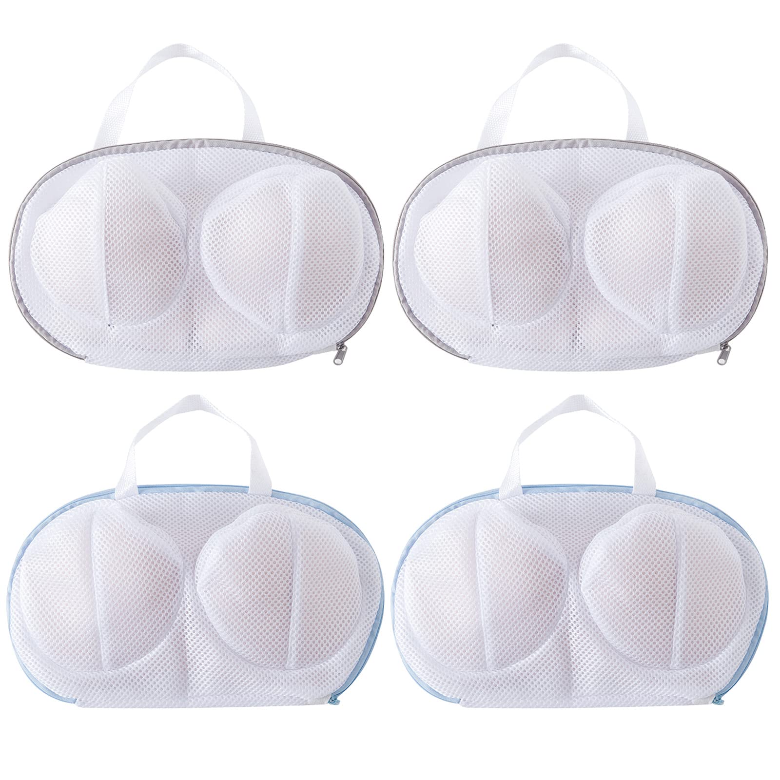 4Pcs Bra Washing Bag for Laundry, High Permeability Bra-shaped Mesh Wash Bags Lingerie Laundry Bags with Handle and Zipper Underwear Bag for Brassiere Women Laundry Storage (Blue+Grey)