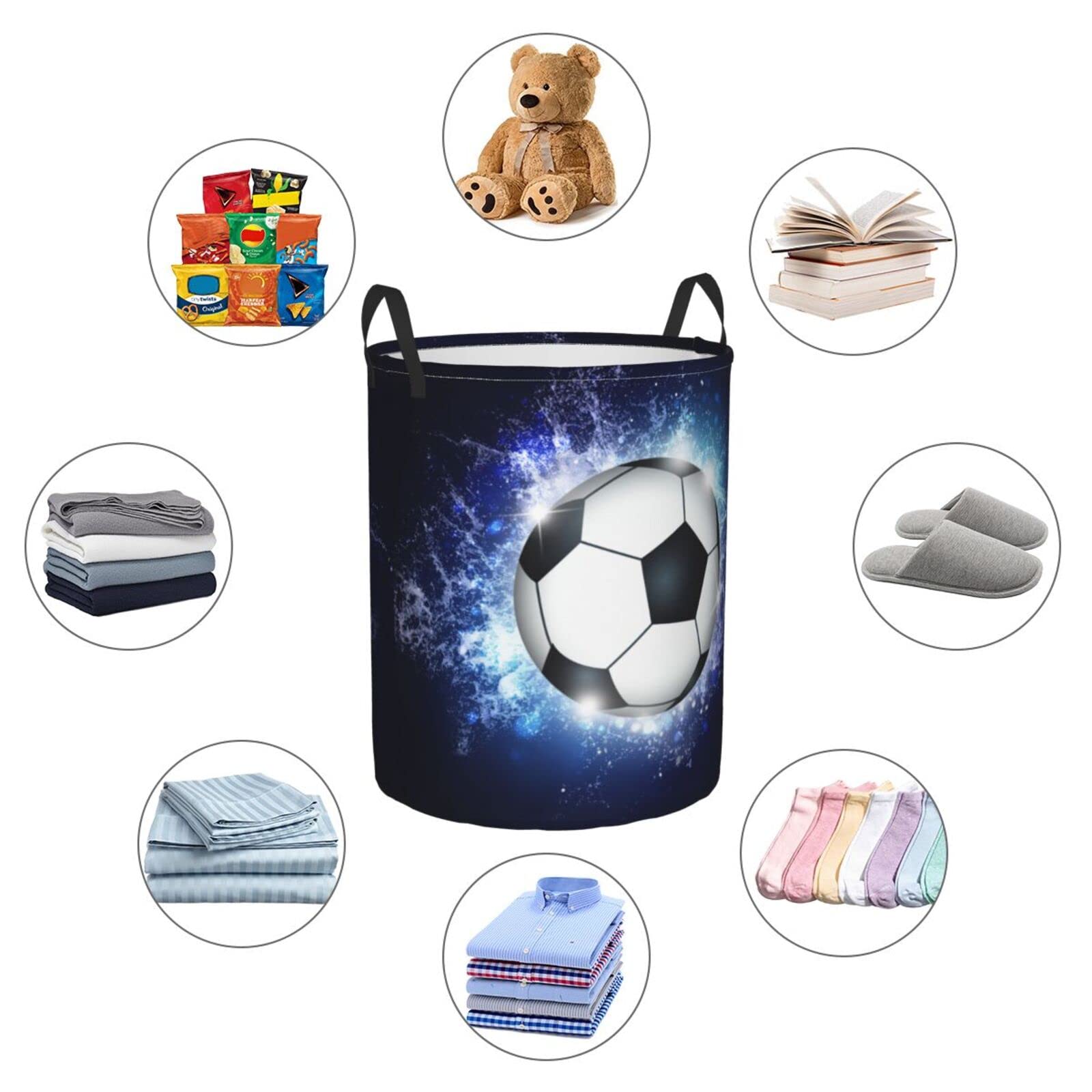 Foldable Laundry Hampers with Soccer Pattern for Sports Teens Boys Girls, Cool Large Round Hampers Soccer Ball Printing, Portable Dirty Clothes Organizer Basket with Handles for Bedroom, 19.6"x15.7"