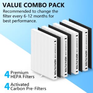 FMDZFL 4 Packs AP-1512HH True HEPA Replacement Filter Set, Compatible with Coway airmga AP-1512HH, AP-1512HH FP Part# 3304899, 4 True HEPA + 4 Carbon Pre-Filters.