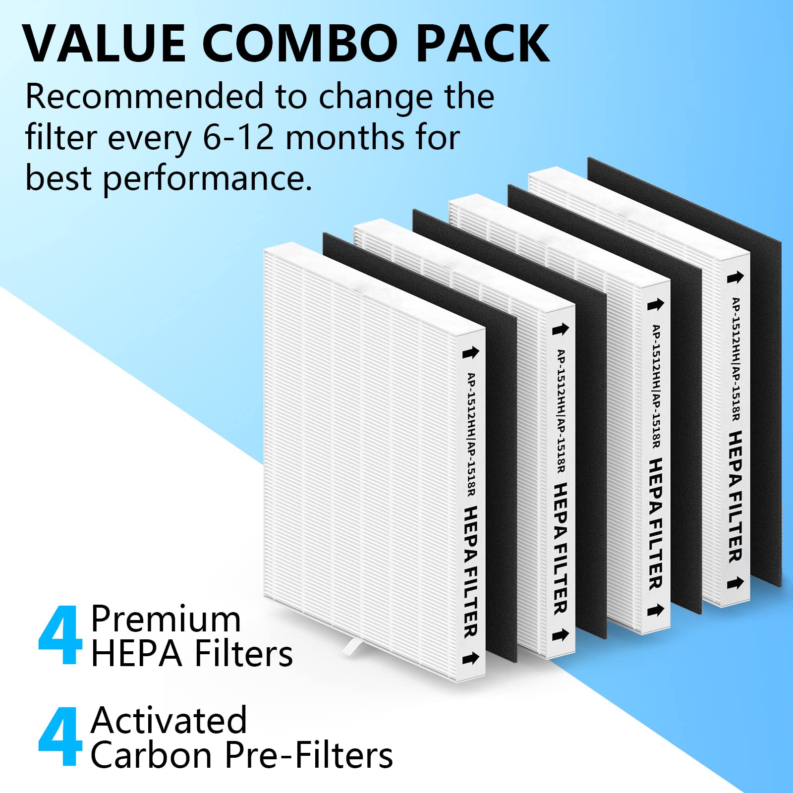 FMDZFL 4 Packs AP-1512HH True HEPA Replacement Filter Set, Compatible with Coway airmga AP-1512HH, AP-1512HH FP Part# 3304899, 4 True HEPA + 4 Carbon Pre-Filters.