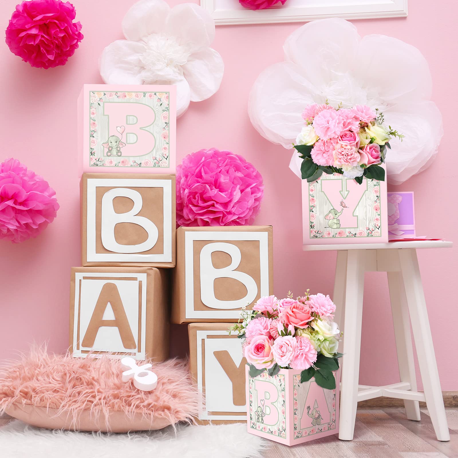 10 Pcs Baby Shower Flower Boxes Centerpieces Decorations Rustic Elephant Floral Baby Boxes with Letters Baby Shower Box Block for Tables Boy Girl Gender Reveal Birthday Party(Elephant Style)