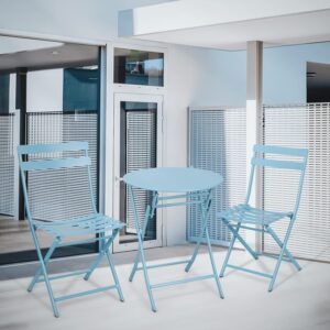 MoNiBloom 3 Piece Patio Bistro Set, Folding Outdoor Metal Patio Furniture Sets Round Table and Chairs for Porch Yard Balcony Garden, Blue