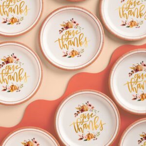 xo, Fetti Thanksgiving Gold Foil Plates - 25 count | Give Thanks Decorations, 9" Dinner Plate, Autumn Leaves, Pumpkins, Fall Table Decor