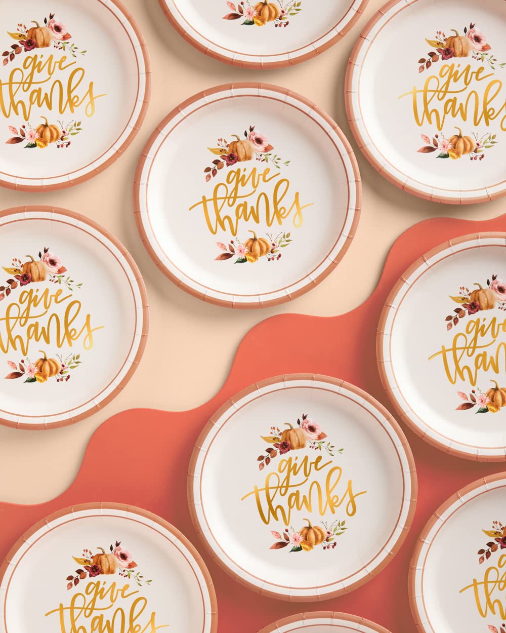 xo, Fetti Thanksgiving Gold Foil Plates - 25 count | Give Thanks Decorations, 9" Dinner Plate, Autumn Leaves, Pumpkins, Fall Table Decor