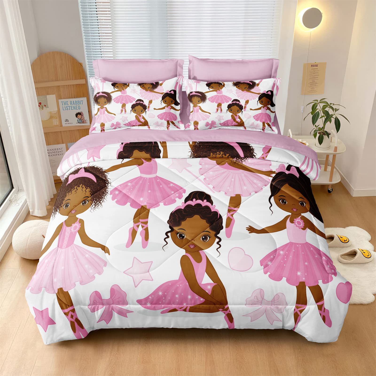 SIRDO Black Girl Magic Comforter Set Twin Size Pink Princess Bedding Sets Ballet Girls Bedroom Set Afro Black Melanin Bed Set with Sheets