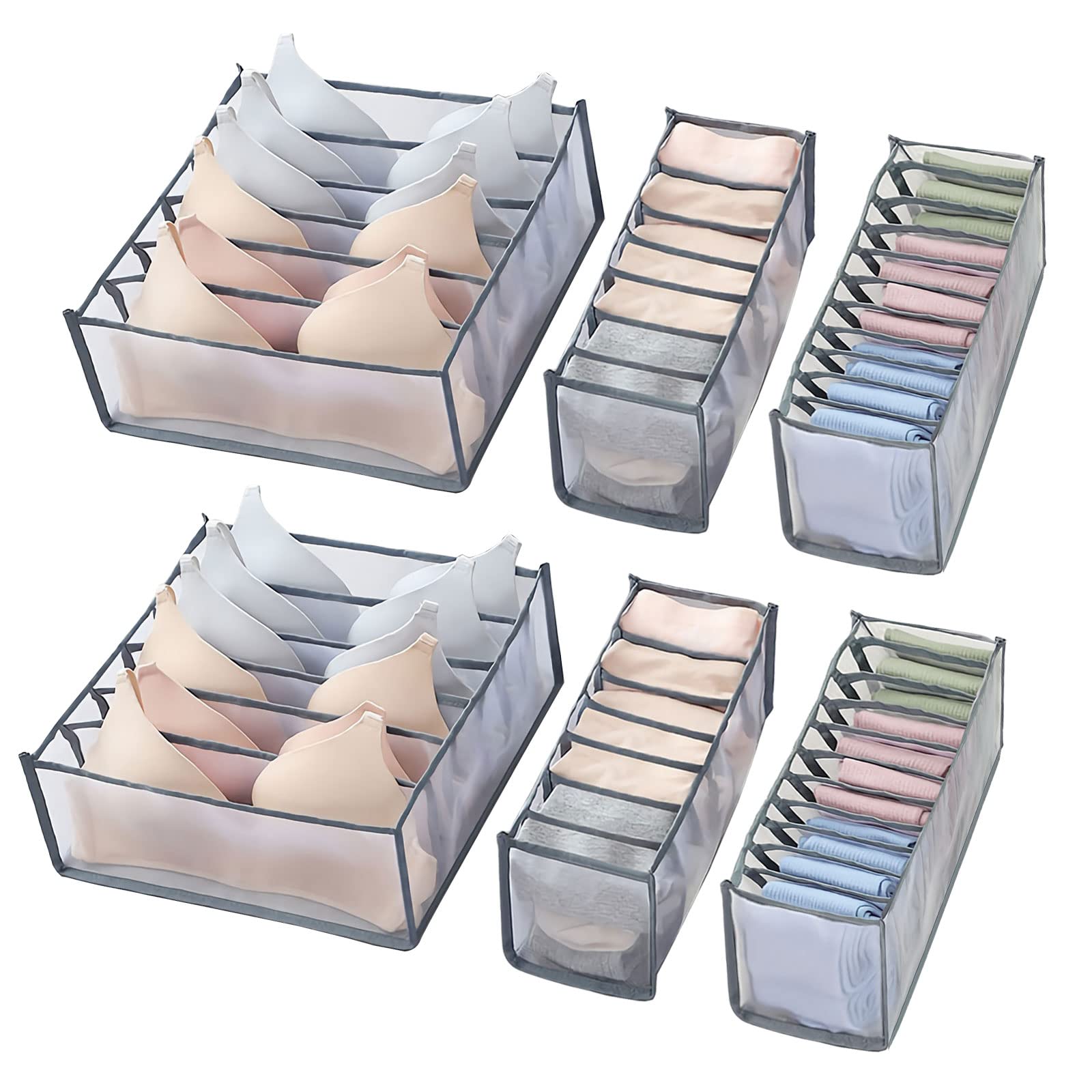 GWSNIO 6 Pcs Underwear Drawer Organizer, Foldable Underwear Storage Divider Boxes 6/7/11 Cell Closet Clothing Organizers for Bras Panties Ties Socks Scarves Clothes