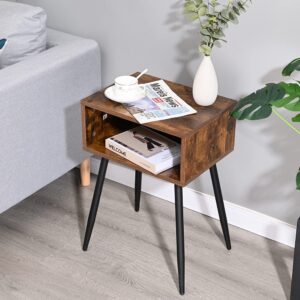 RokiaTek Nightstand Table with Open Storage Bedroom Bedside Table with Steel Legs, Mid-Century Modern Simpe End Side Table, Rustic Brown and Black