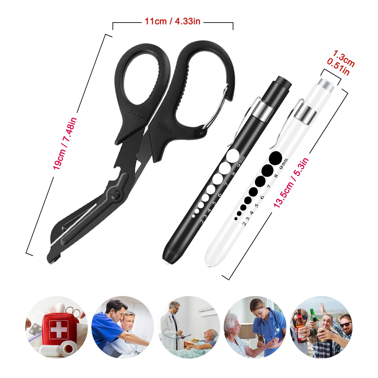 3 Pack Penlight and Medical Scissors for Nurses, Two LED Pen Light with Pupil Gauge and One 7.5 Inches Trauma Shears with Carabiner for Nurse Doctor EMT First Aid （Including Four Batteries)