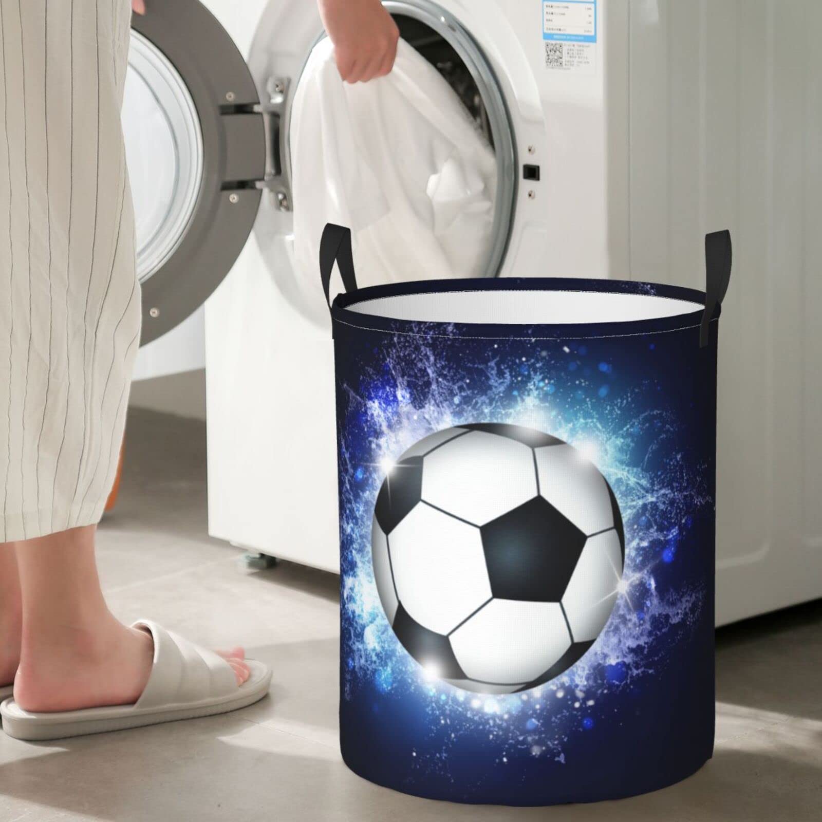 Foldable Laundry Hampers with Soccer Pattern for Sports Teens Boys Girls, Cool Large Round Hampers Soccer Ball Printing, Portable Dirty Clothes Organizer Basket with Handles for Bedroom, 19.6"x15.7"