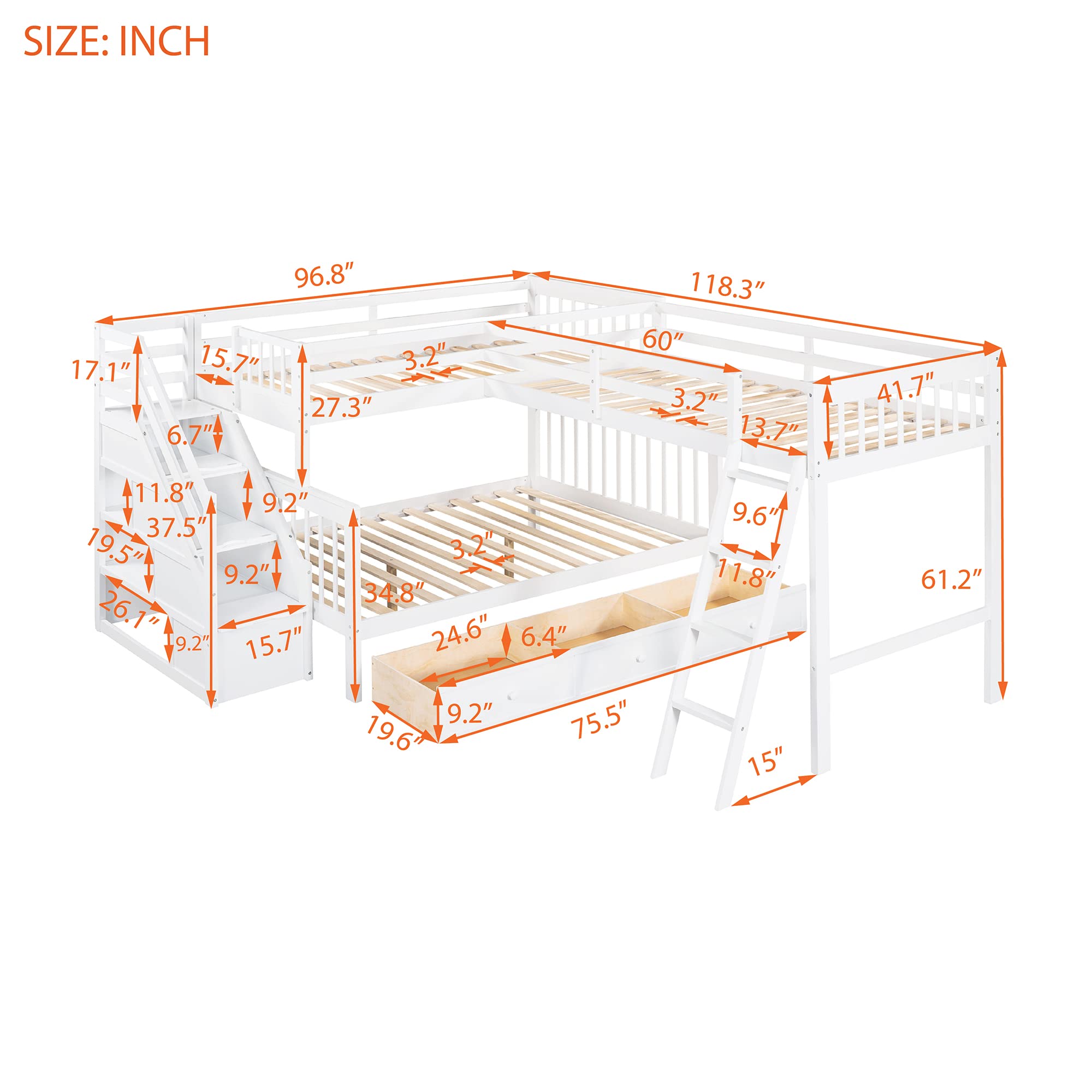 CITYLIGHT Twin Over Full L-Shaped Triple Bunk Bed for Kids, Wooden Corner Bunk Bed with 3 Storage Drawers Attached a Twin Loft Bed,Bunk Beds with Stairs and Ladder for Boys Girls Teens,Espresso