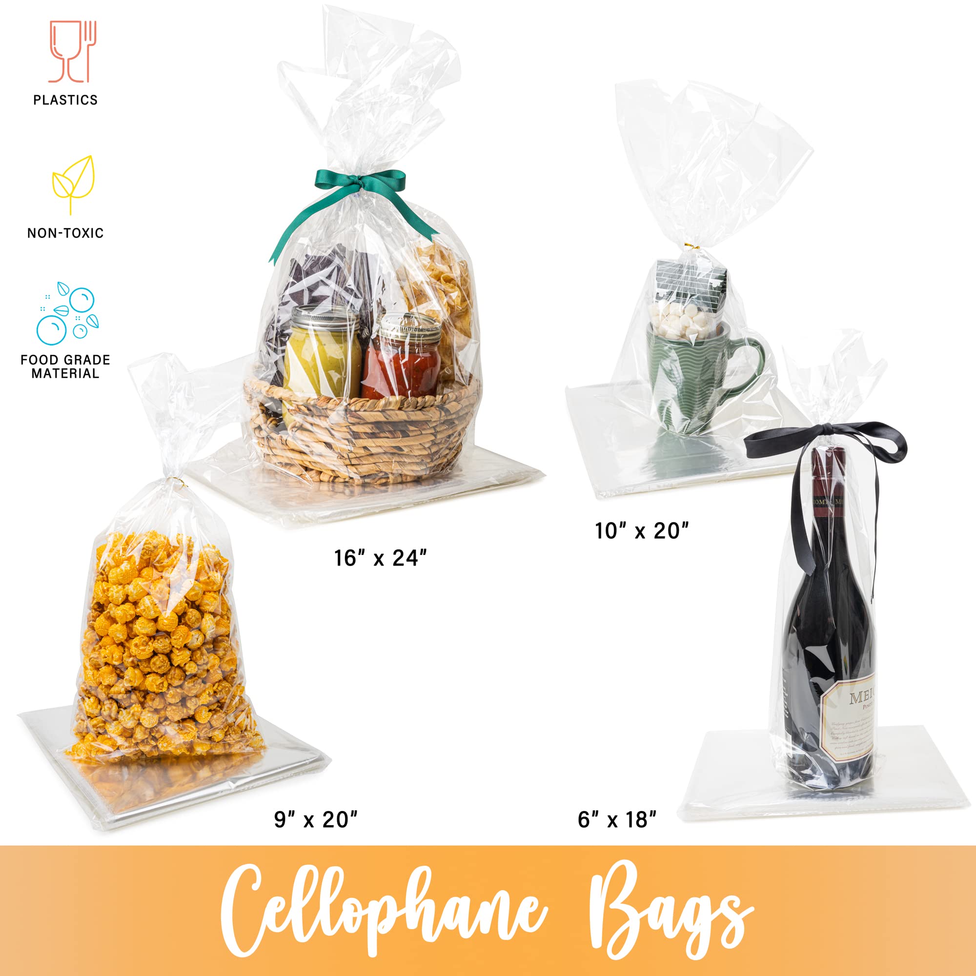 50 Pcs Clear Plastic Cellophane Bags Goodie Bags [16x24] - Party Favor Bags | 4" Twist Ties | Cookie Bags | Candy Bags | Clear Gift Bags | Treat Bags with Ties | Cellophane Treat Bags