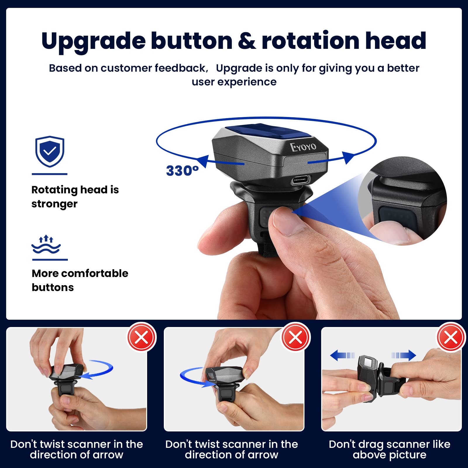 Eyoyo 2D QR Ring Barcode Scanner, Wearable Finger 3-in-1 USB Wired & 2.4G Wireless & Bluetooth Scanner, Left & Right Hand Wearable, Image 1D Warehouse Inventory Bar Code Reader for Android, iOS iPhone