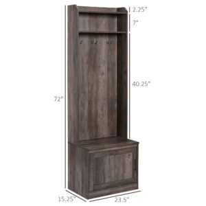 HOMCOM Narrow Hall Tree with Shoe Storage Bench, Rustic Entryway Bench with Coat Rack, Accent Coat Tree with Storage Shelves for Hallway, Mudroom, Brown