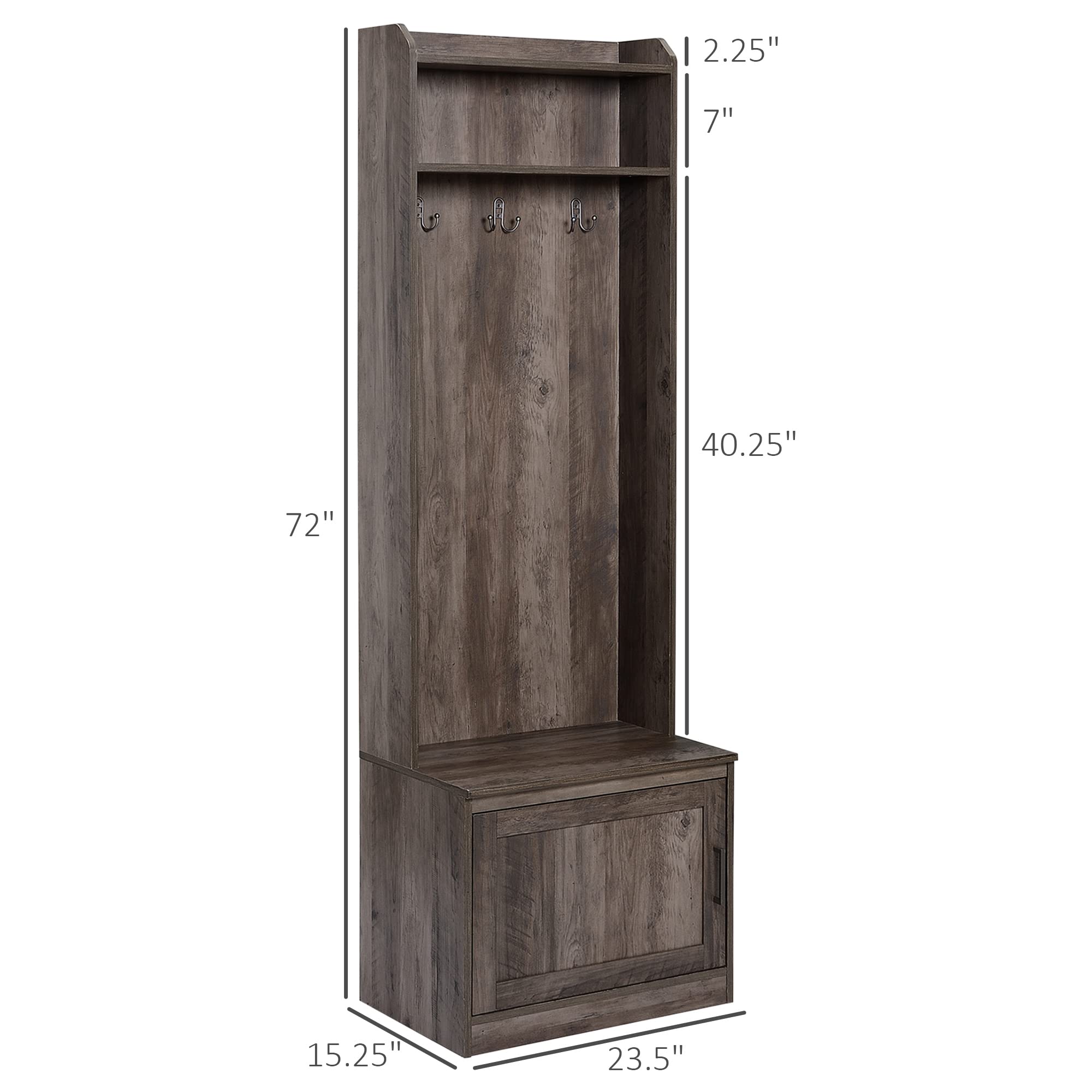 HOMCOM Narrow Hall Tree with Shoe Storage Bench, Rustic Entryway Bench with Coat Rack, Accent Coat Tree with Storage Shelves for Hallway, Mudroom, Brown