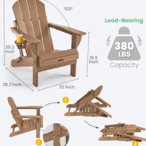 Ciokea Folding Adirondack Chair Wood Texture, Patio Adirondack Chair Weather Resistant, Plastic Fire Pit Chair with Cup Holder, Lawn Chair for Outdoor Porch Garden Backyard Deck (Teak)