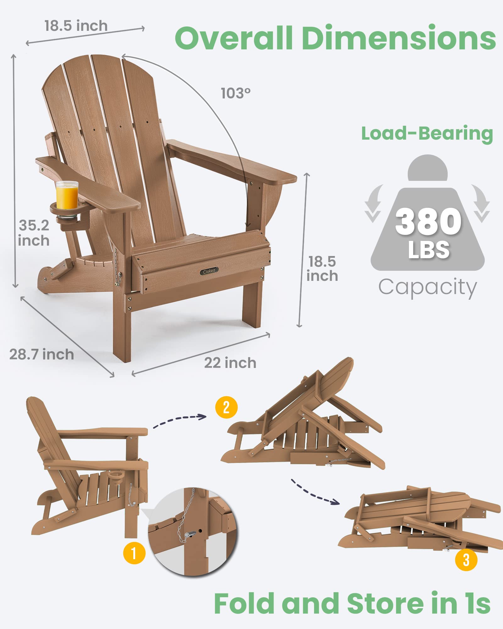 Ciokea Folding Adirondack Chair Wood Texture, Patio Adirondack Chair Weather Resistant, Plastic Fire Pit Chair with Cup Holder, Lawn Chair for Outdoor Porch Garden Backyard Deck (Teak)